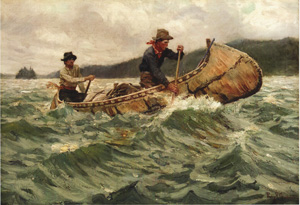 [2 guys rowing canoe in choppy water]